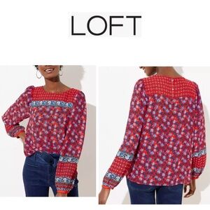 💥LOFT Women's Red & Blue Floral Long Sleeve Blouse XS